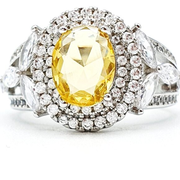 ▶Noble Hollow Beautiful Oval Crystal Royal Yellow CZ Silver Ring for Women, L073 - Picture 5 of 9